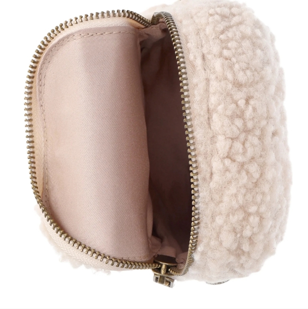 Brown Crossbody Bag with Cream Sherpa Pouch And Bom Bom Keychain Set Of 3 - Picture 8 of 17